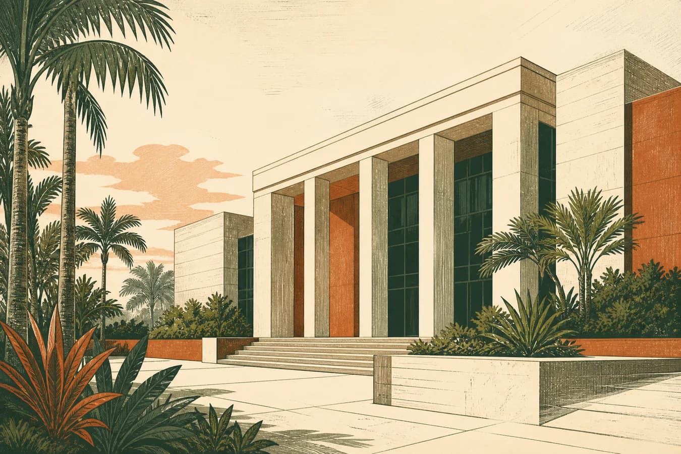 Decorative illustration of modern civic architecture with South Florida landscaping